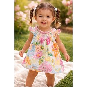Ralph Lauren Baby Girl Floral Dress 18M Smocked Neck Cotton Spring Summer